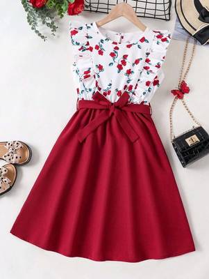 Yellow-white color printed cotton blend fit&flared style dresses 1