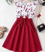 Yellow-white color printed cotton blend fit&flared style dresses