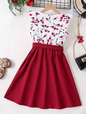 Yellow-white color printed cotton blend fit&flared style dresses 2