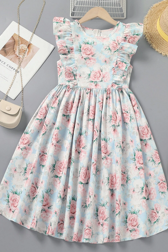 Cyan color printed cotton blend fit&flared style dresses