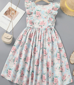 Cyan color printed cotton blend fit&flared style dresses