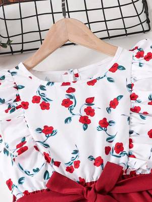 Yellow-white color printed cotton blend fit&flared style dresses 3