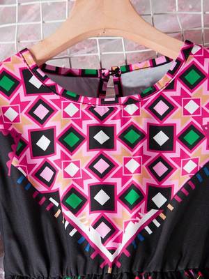 Jet black color printed cotton blend fit&flared style dresses 4