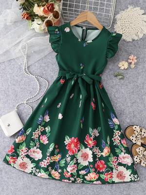 Green color printed cotton blend fit&flared style dresses 1
