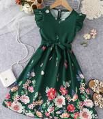 Green color printed cotton blend fit&flared style dresses
