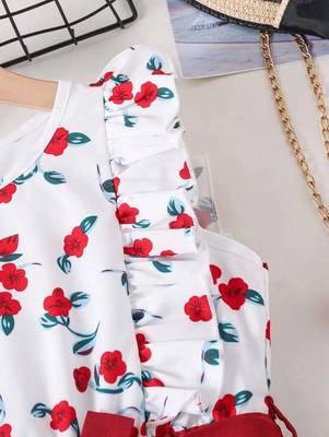 Yellow-white color printed cotton blend fit&flared style dresses 4
