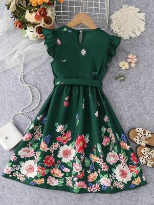 Green color printed cotton blend fit&flared style dresses 2