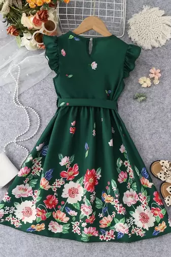 Green color printed cotton blend fit&flared style dresses