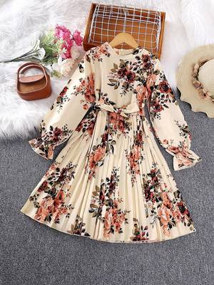 Cream color printed cotton blend fit&flared style dresses 1