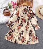 Cream color printed cotton blend fit&flared style dresses