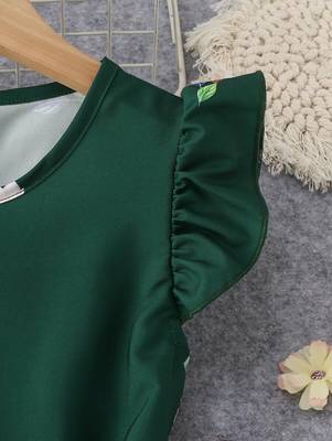 Green color printed cotton blend fit&flared style dresses 3