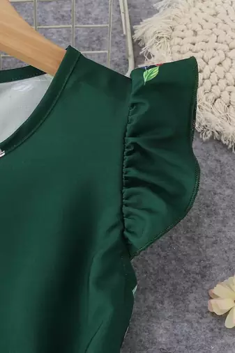 Green color printed cotton blend fit&flared style dresses