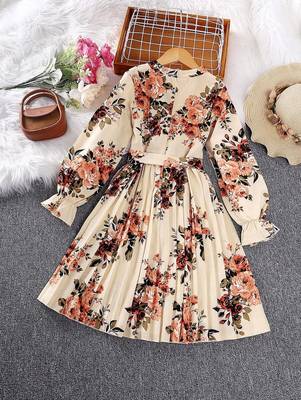 Cream color printed cotton blend fit&flared style dresses 2