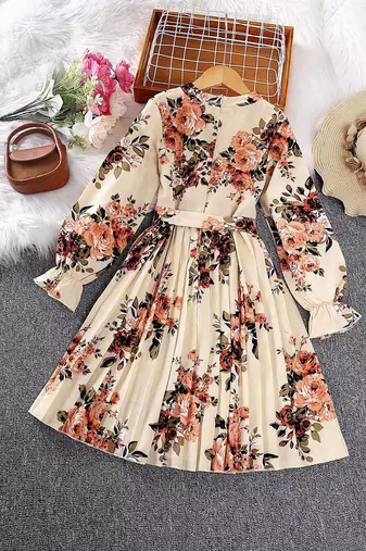 Cream color printed cotton blend fit&flared style dresses