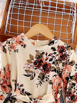 Cream color printed cotton blend fit&flared style dresses 3