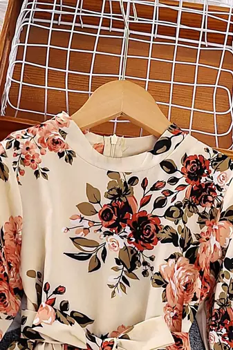 Cream color printed cotton blend fit&flared style dresses