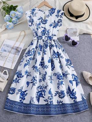 Sky-white color printed cotton blend fit&flared style dresses 1