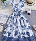 Sky-white color printed cotton blend fit&flared style dresses
