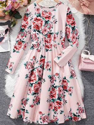 Baby pink color printed cotton blend fit&flared style dresses 1