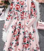 Baby pink color printed cotton blend fit&flared style dresses