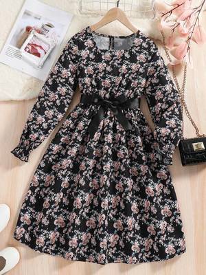 Black color printed cotton blend fit&flared style dresses 1