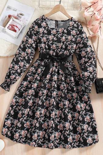 Black color printed cotton blend fit&flared style dresses
