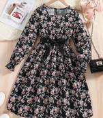 Black color printed cotton blend fit&flared style dresses