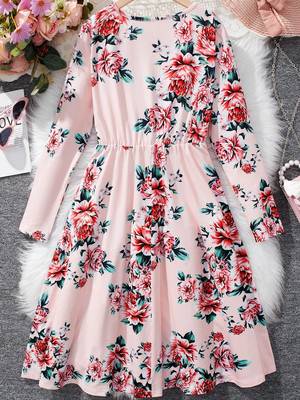 Baby pink color printed cotton blend fit&flared style dresses 2