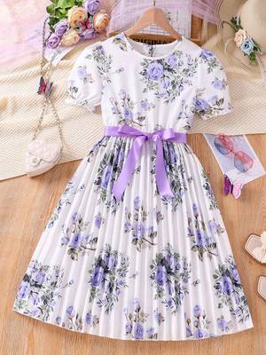 Purple color printed cotton blend fit&flared style dresses 1