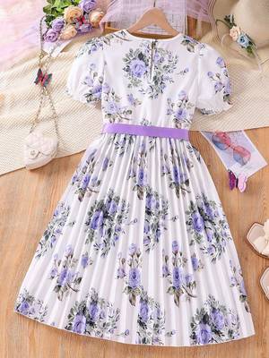 Purple color printed cotton blend fit&flared style dresses 2