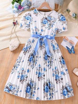 Blue color printed cotton blend fit&flared style dresses 1