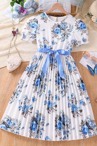 Blue color printed cotton blend fit&flared style dresses