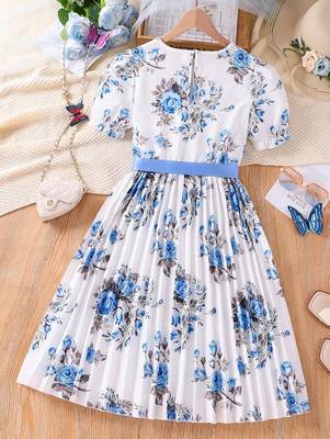 Blue color printed cotton blend fit&flared style dresses 2