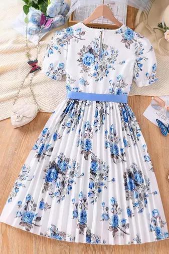 Blue color printed cotton blend fit&flared style dresses