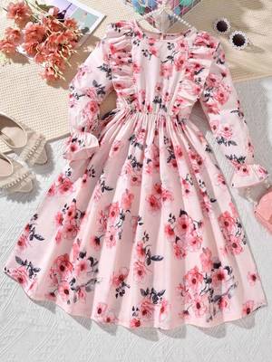 Soft pink color printed cotton blend fit&flared style dresses 1