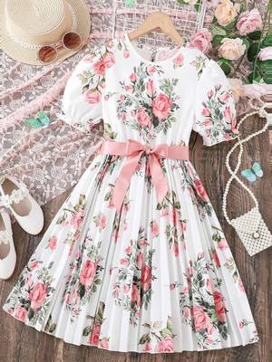 Snow white color printed cotton blend fit&flared style dresses 1
