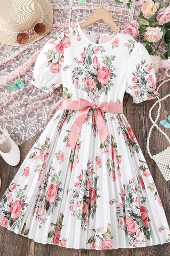 Snow white color printed cotton blend fit&flared style dresses