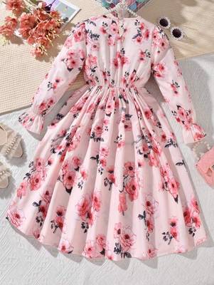 Soft pink color printed cotton blend fit&flared style dresses 2