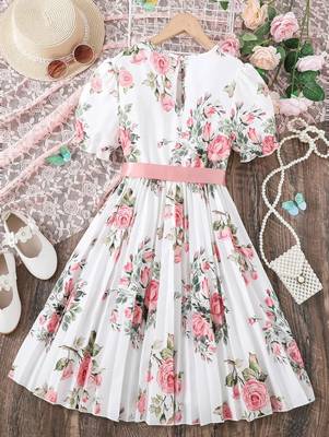 Snow white color printed cotton blend fit&flared style dresses 2