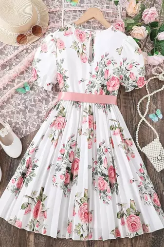 Snow white color printed cotton blend fit&flared style dresses
