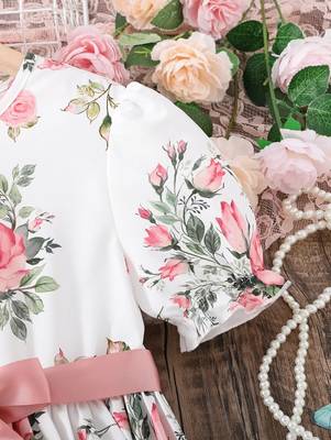 Snow white color printed cotton blend fit&flared style dresses 3