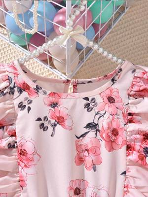 Soft pink color printed cotton blend fit&flared style dresses 3