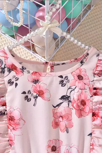 Soft pink color printed cotton blend fit&flared style dresses