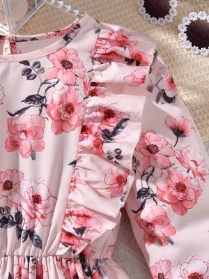 Soft pink color printed cotton blend fit&flared style dresses 4