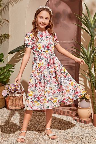 Multi color printed cotton blend fit&flared style dresses