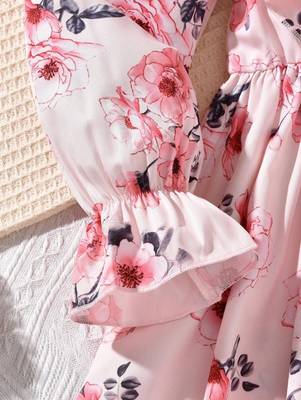 Soft pink color printed cotton blend fit&flared style dresses 5