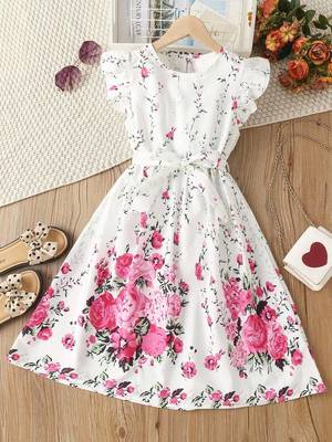 Daisy color printed cotton blend fit&flared style dresses 1