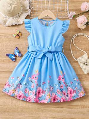 Sky color printed cotton blend fit&flared style dresses 1