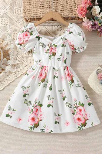White rice color printed cotton blend fit&flared style dresses