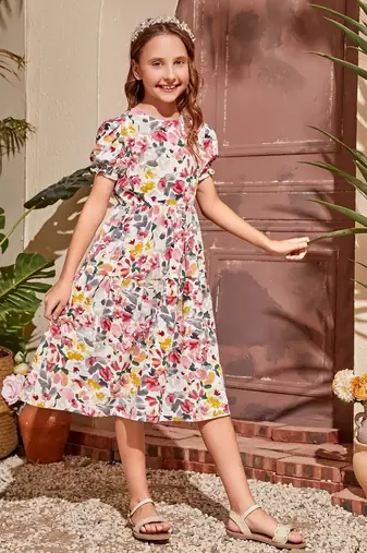 Multi color printed cotton blend fit&flared style dresses